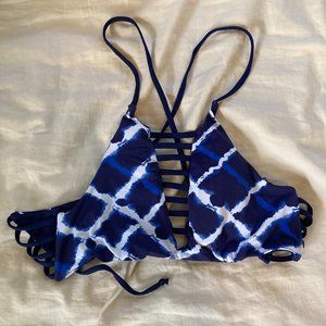 High Neck Blue and White Strappy Bikini Top